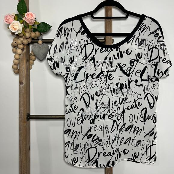 Joseph Ribkoff Short Sleeve Black White Sequin Graffiti Print Tee Size 4 - Picture 1 of 7
